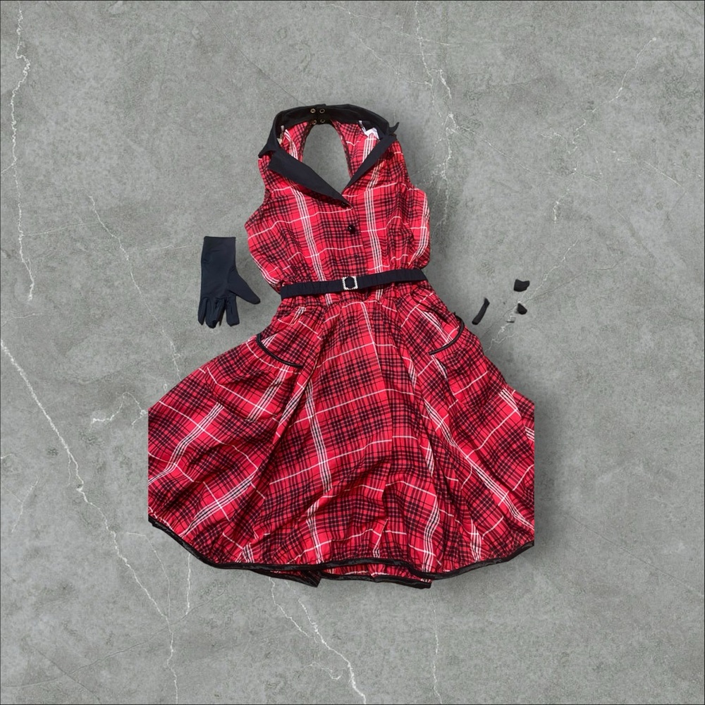 Weisman dress red plaid with black gloves costume